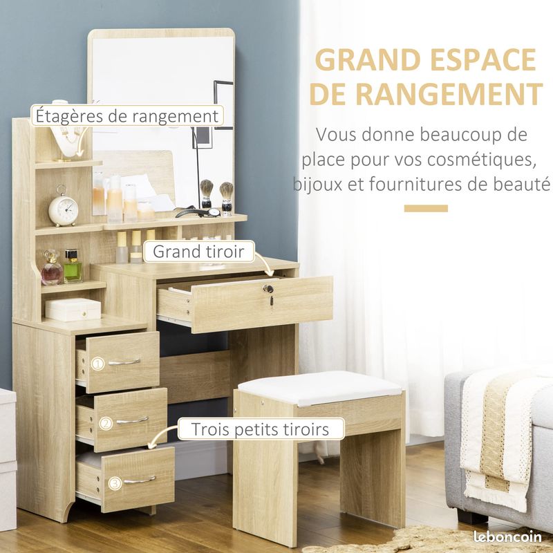 Ensemble Coiffeuse Bois Naturel - Table de Maquillage - Tabouret Rembourré - Grand Miroir - Étagères Ouvertes - Tiroirs (image 5)