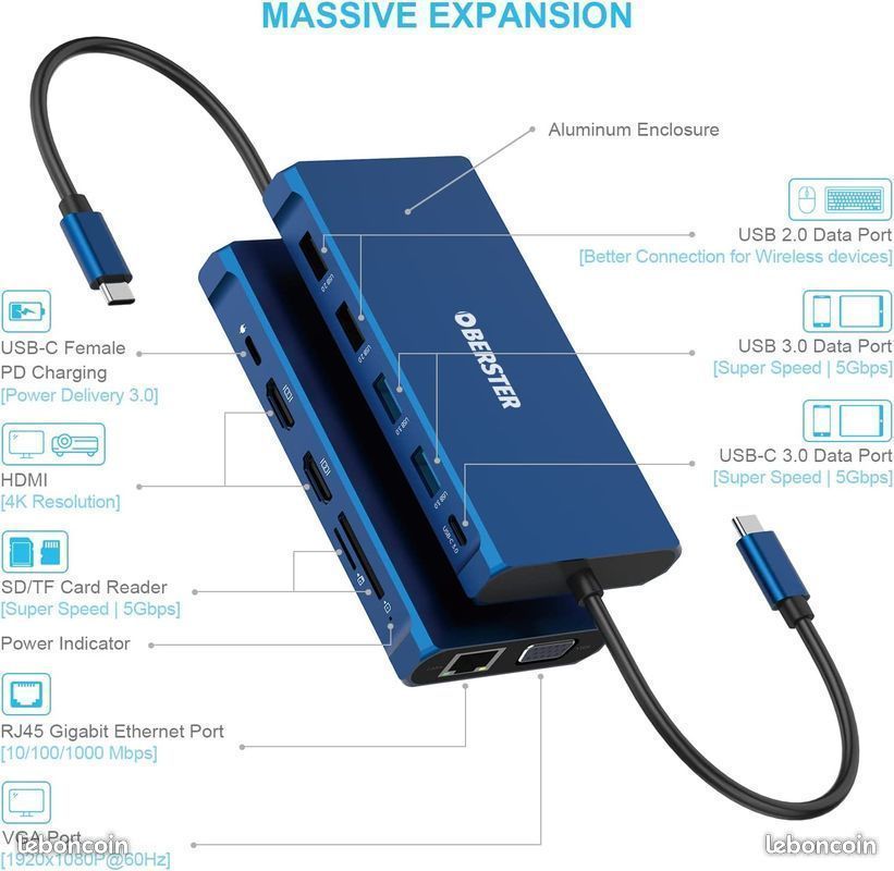 Station d'accueil Hub USB C, 12 en 1 Triple Display USB C NEUF emballĂ© đ» (image 3)