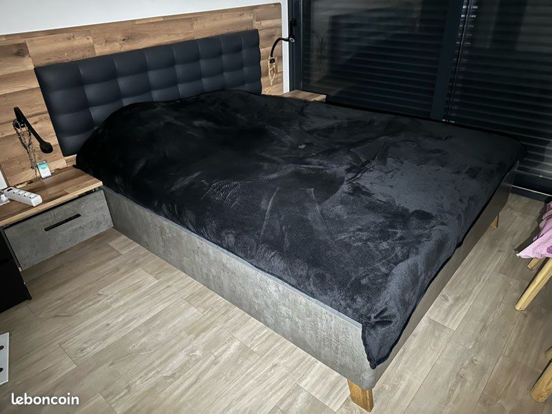 Lit 140x190cm chevet intégrer imitation chêne béton gris (image 2)