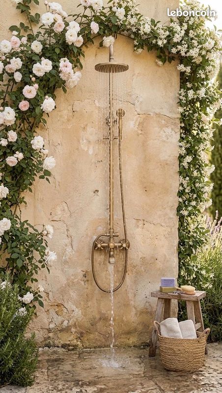 Système de douche extérieure en laiton antique, douche de jardin vintage à effet pluie, robinetterie murale extérieure, douche de terrasse méditerranéenne (image 2)