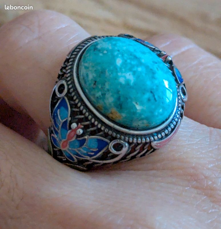 Bague Ancienne En Argent Sterling Avec Turquoise Verte - Taille 53, Occasion