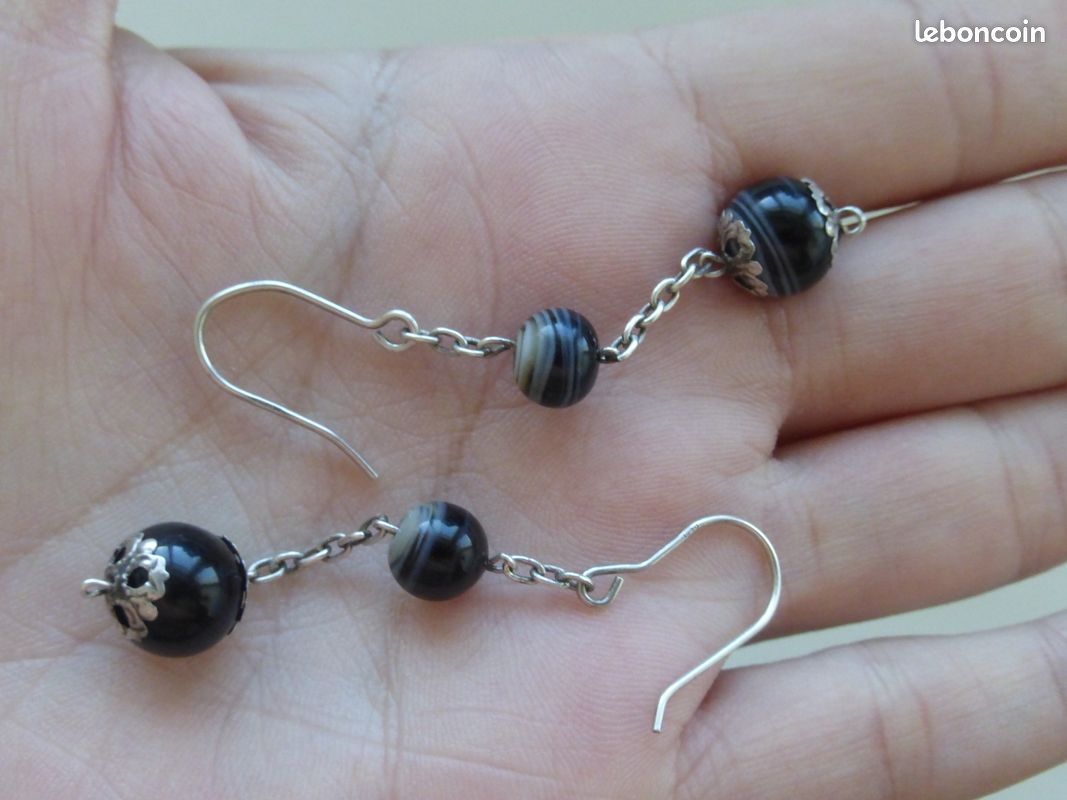 Boucles d'oreilles argent poinçon 925 et testés, pendantes chainette perles noires 5gr h.6cm tbé (image 4)