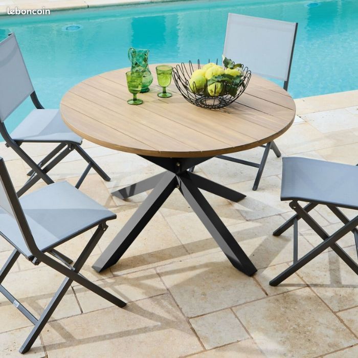 Table de jardin ronde aluminium plateau acacia - Oriane - 4/6 personnes (image 2)