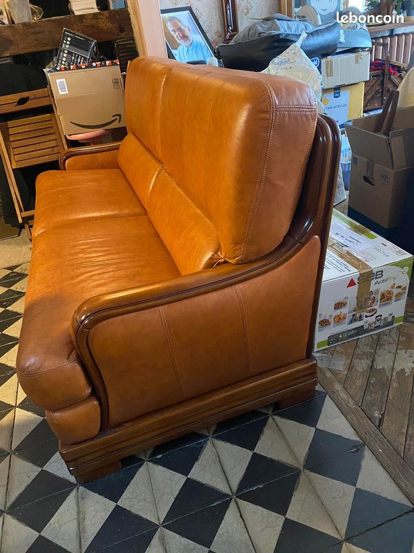 Canape cuir maron 3 places + pouf (image 4)