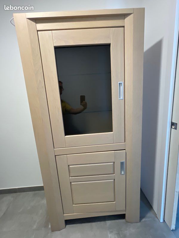 Armoire verrière bois massif chêne blanchi (image 1)