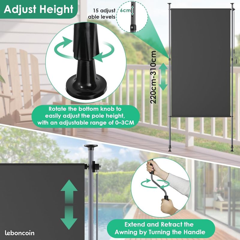 Store extérieur vertical L 200 x H 220 à 310 cm, anthracite, avec manivelle, sans perçage, occultant (image 4)