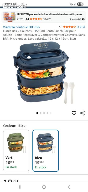 HENSHOW Lunch Box 1600ml - Boîte à Déjeuner 2 Couches Pour Adulte Avec Compartiment à Sauce - Vert