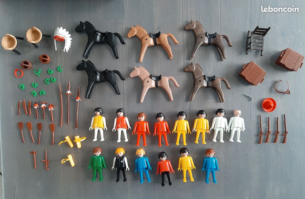 30 figurines Playmobil klicky 1974 cowboys shérif indiens et chevaux + accessoires vintage 3342 3555 3352 3580 (image 1)