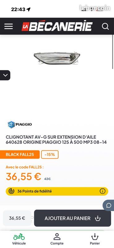 Clignotant av-g sur extension d'aile 640628 origine piaggio 125 à 500 mp3 08-14 (image 3)