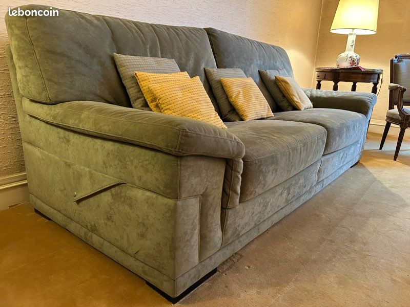 Canapé Roche Bobois En Velours Vert - Méridienne 3 Places - Très Bon état
