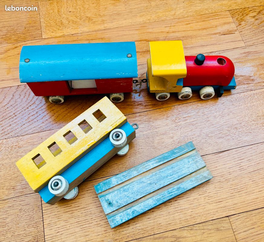 Train,locomotive et 2 wagons bois vintage 1960 (image 10)