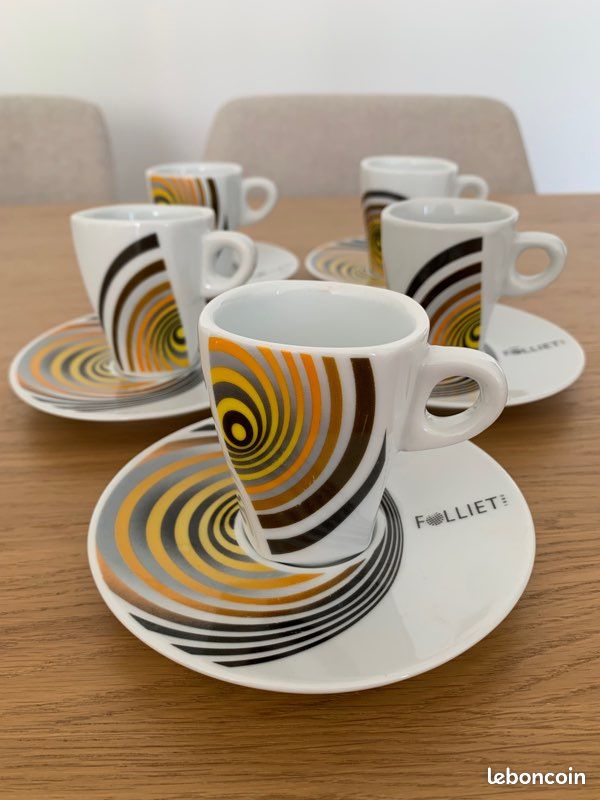Lot De 6 Tasses à Chocolat Et Sous-tasses Elliptik Folliet - Porcelaine Blanche, Contenance 22 Cl - Design Courbes