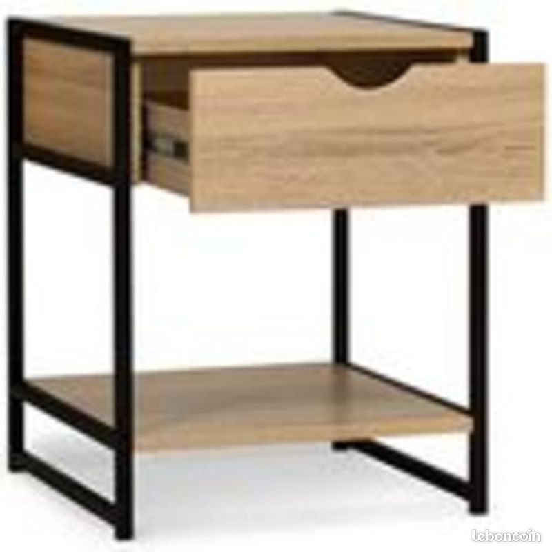 Lot de 2 Tables de Chevets + 1 Tiroir Design Industriel Meuble Marron Noir Bois Métal (image 3)