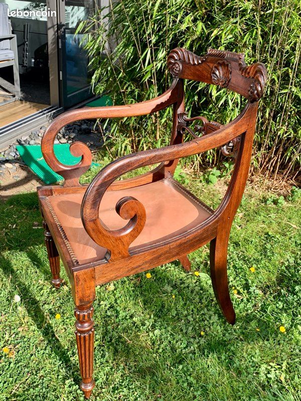 Ensemble bureau et 2 fauteuils style Empire bois massif et cuir (image 7)