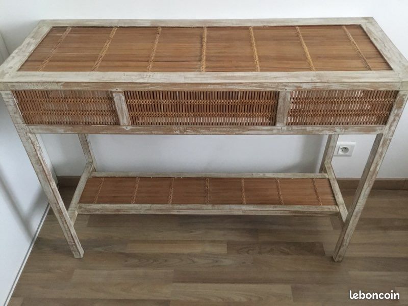 Meuble console style colonial en bois exotique et bambou (image 2)