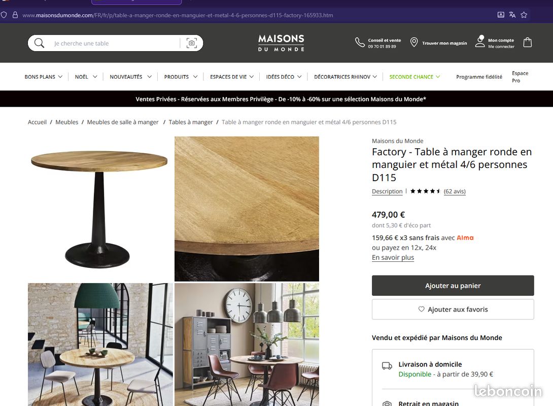 Lot TABLE tonde pedesstrale ET 4 CHIAISE. STYL INDUSTRIEL CHIC . De MAISON DU Monde (image 3)