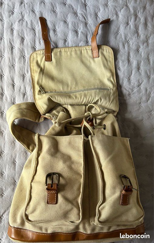 Sac à dos vintage marque nature et découvertes cuir et coton (image 5)