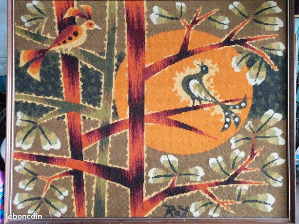 CANEVAS VINTAGE MOTIF oiseau et feuilles de houx FINI ET ENCADRé