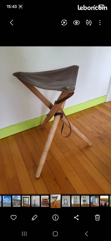 Tabouret Pliant Trépied Vintage en Bois et Cuir (Siège de Chasse / Pêche / Camping) (image 1)