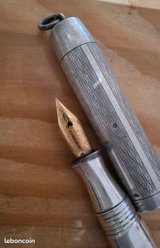Stylo Plume Ancien Avec Socle - Plume Or 18 Carats, Corps Marbre Et Bakélite, Occasion Vintage
