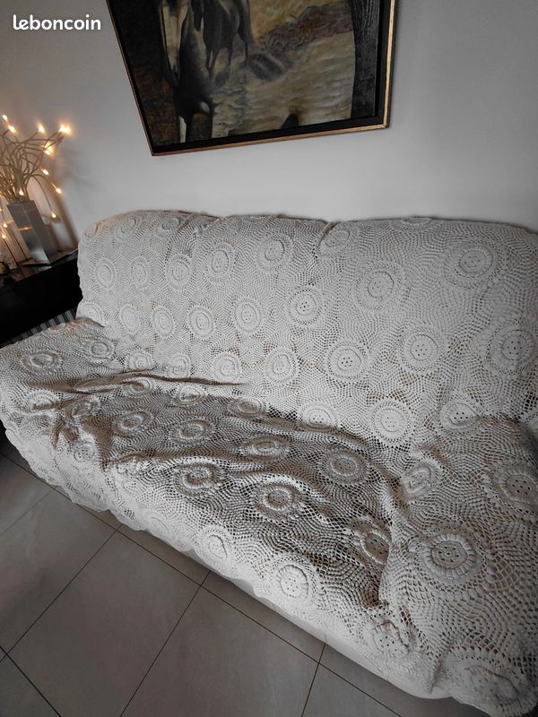 Dessus de lit vintage blanc au crochet fait main, couvre lit de 2 m x 1.6 m - France