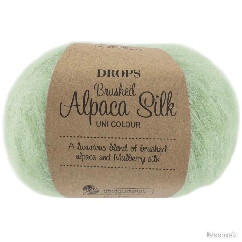 4 pelotes neuves (📏380M-⚖️68G au total) BRUSHED ALPACA SILK 77% alpaga et 23% soie de DROPS 3 coloris assortis (14 BRUME MATINALE + 33 GLACE PISTACHE + 28 BLEU PACIFIQUE) (image 16)