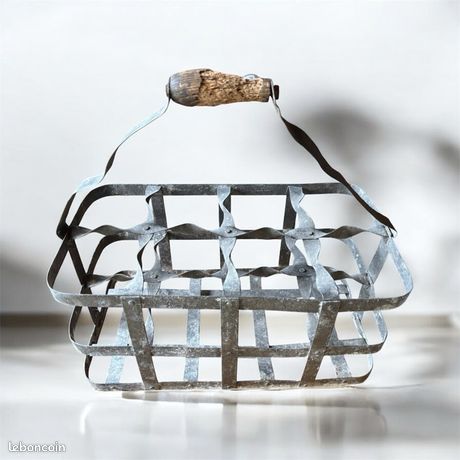 Ancien Porte Bouteille Acier avec Poignée Bois 6 Compartiments Déco