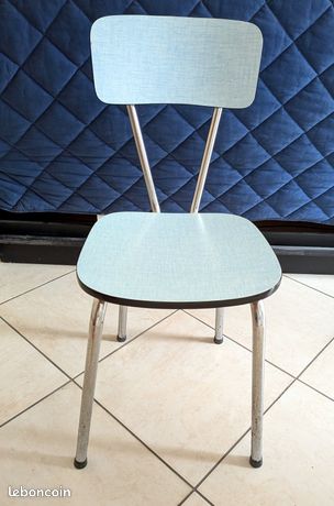 Table De Cuisine Vintage Formica Bleu Années 50/60 - Avec Chaises Et Tabouret