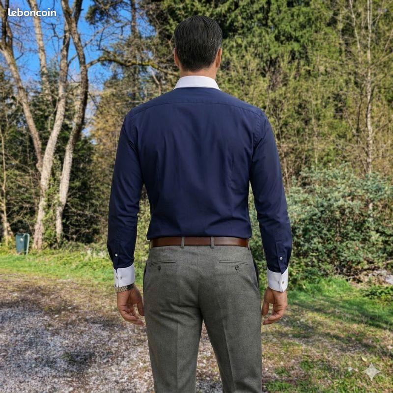 Chemise grand-père rayée bleu marine style vintage - Col club amovible - France