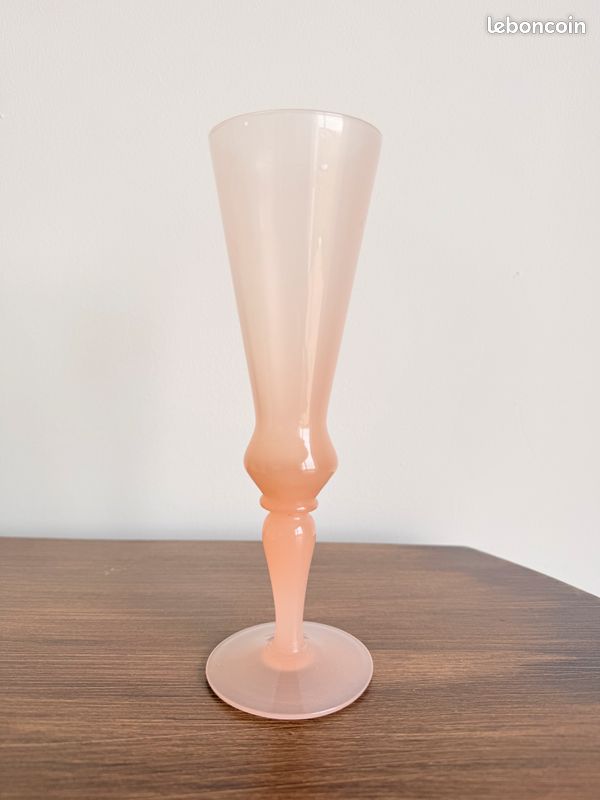 Vase Soliflore Opaline Vintage Rose Et Blanc - Pied Torsadé, 25 Cm, Verre Soufflé Main Italie