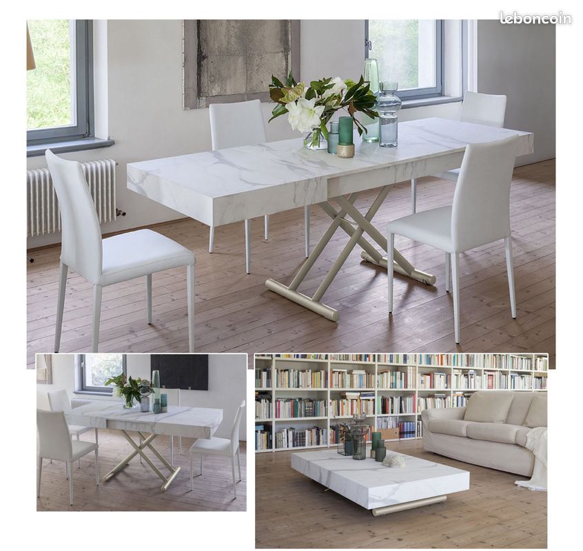 Table basse relevable et extensible avec rallonges melamine marbre blanc (image 3)