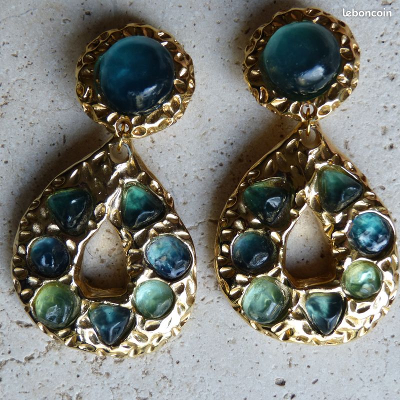Boucles D'oreilles Vintage Jacky De G - Résine Et Métal Argenté - Modèle à Clip - Occasion