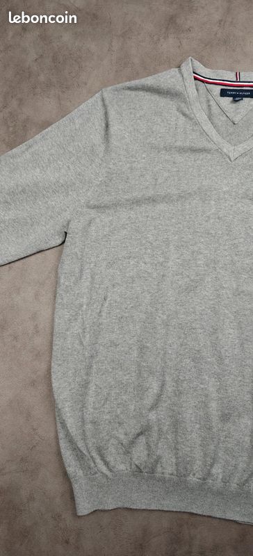 Sweat Tommy Hilfiger [XXL] 100% coton col V logo brodé homme pull gris #TH364 (image 6)