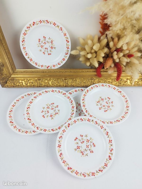 6 Assiettes à Dessert Arcopal - Motif Hortense Fleuri, Années 70, En Verre, Occasion