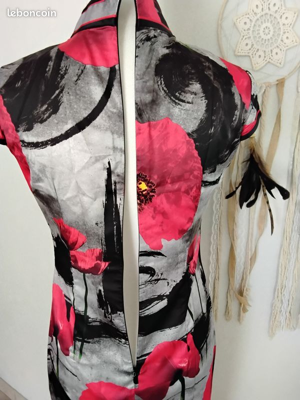 Robe longue cheongsam, noir et rouge, coquelicot (image 11)