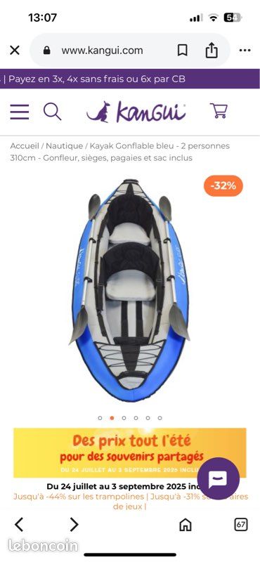 Kayak Gonflable Kangui 2 Places - 310 Cm, Bleu, Neuf Dans Sa Boîte, Parfait Pour Canoë-kayak