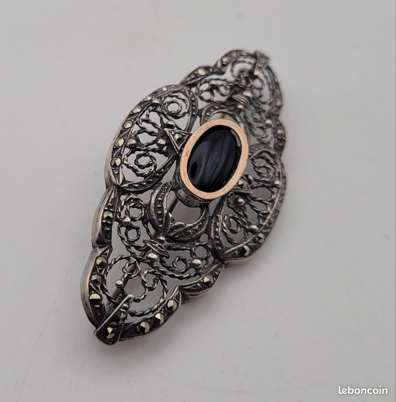 Broche Ancienne En Argent Massif 850 Et Vermeil Avec Marcassites - Occasion
