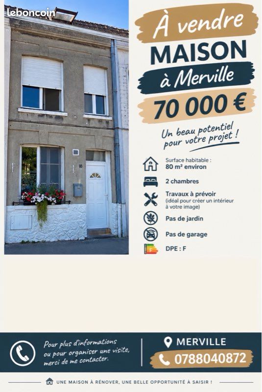 Maison 3 pièces 80 m² · à Merville · 80 m² · 70 000 €