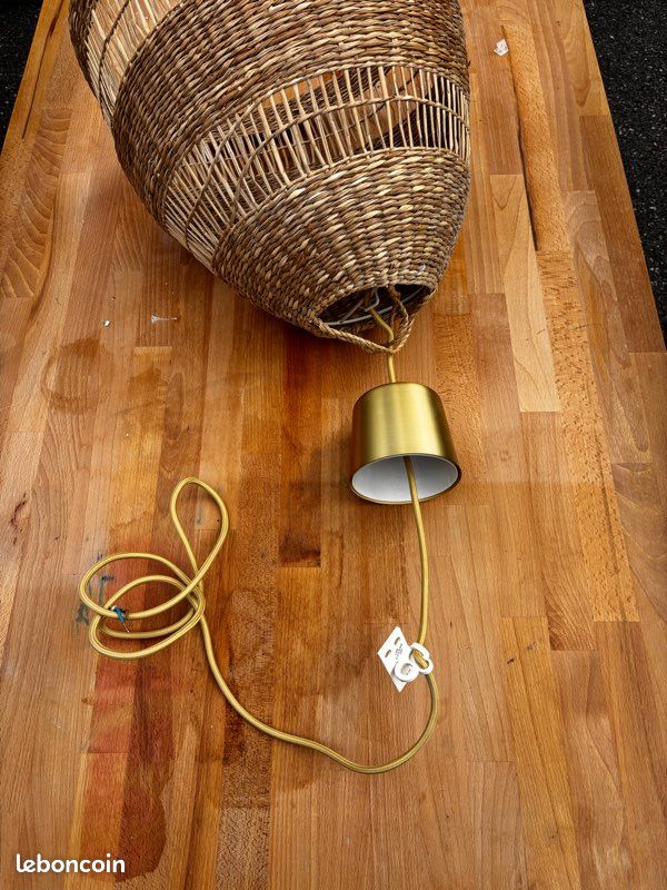 Suspension luminaire bohème en fibres naturelles et or / laiton (image 3)
