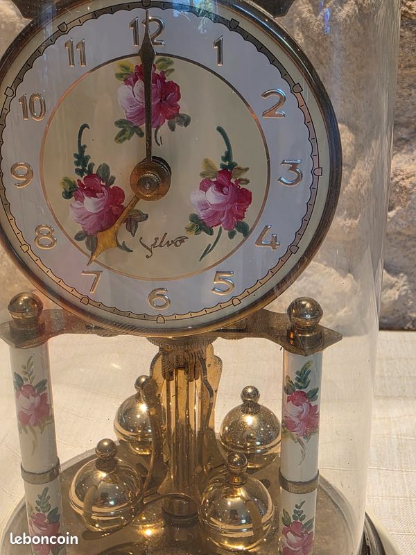 Ancienne Pendule 400 jours Silvo (Koma) - Décor Floral - Sous Globe (image 2)