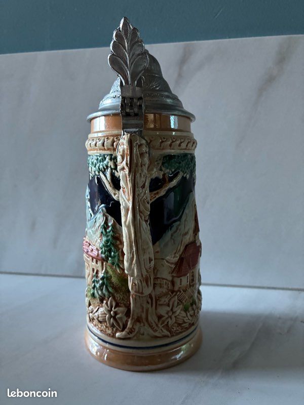 Chope à Bière En Grès émaillé - Scène De Taverne - Vintage Allemagne De L'Ouest