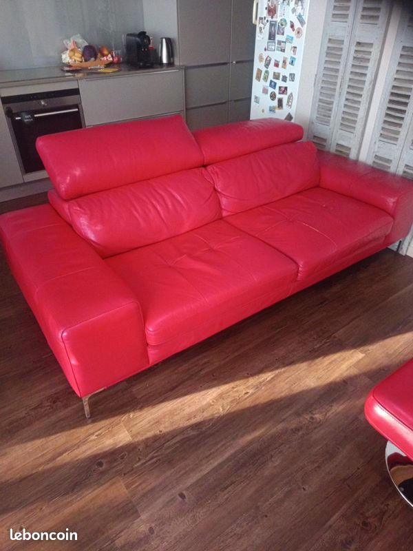 Salon cuir rouge XXL Maison - canapé + fauteuil + 2 poufs - design (image 1)