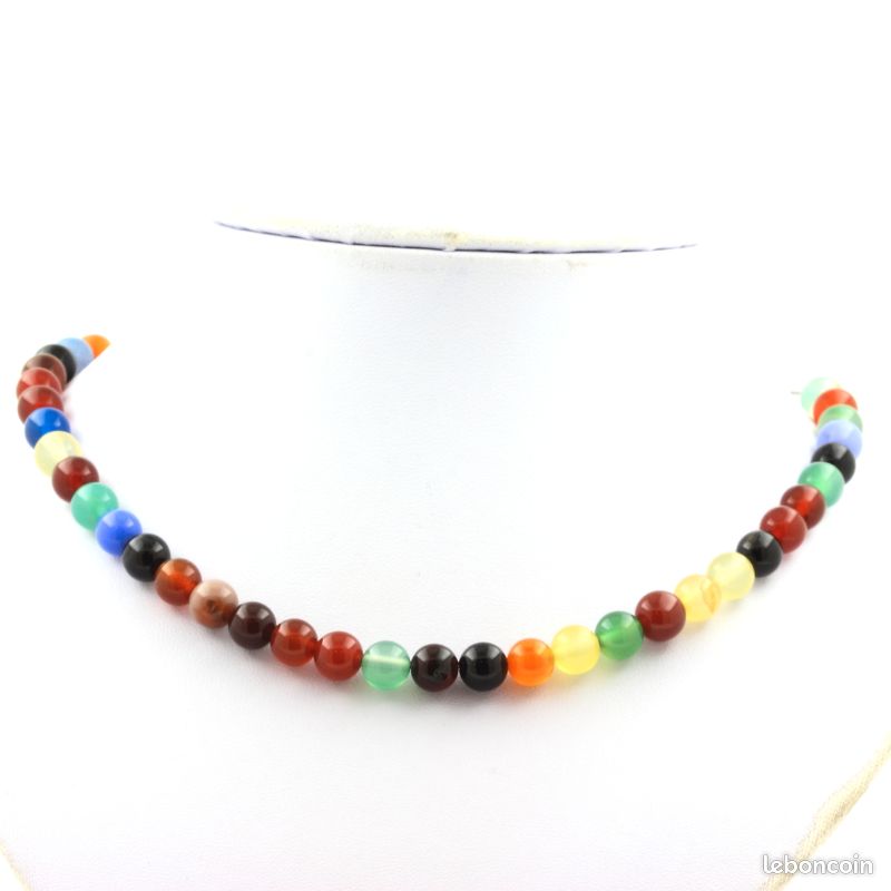 Collier perles Agate multicolore 8 mm chaine en acier inoxydable (image 1)