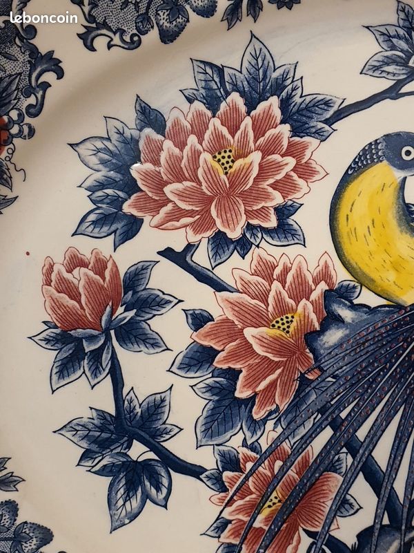 Grand plat ovale de service vintage - Décor oiseaux et fleurs - 47 cm (image 8)