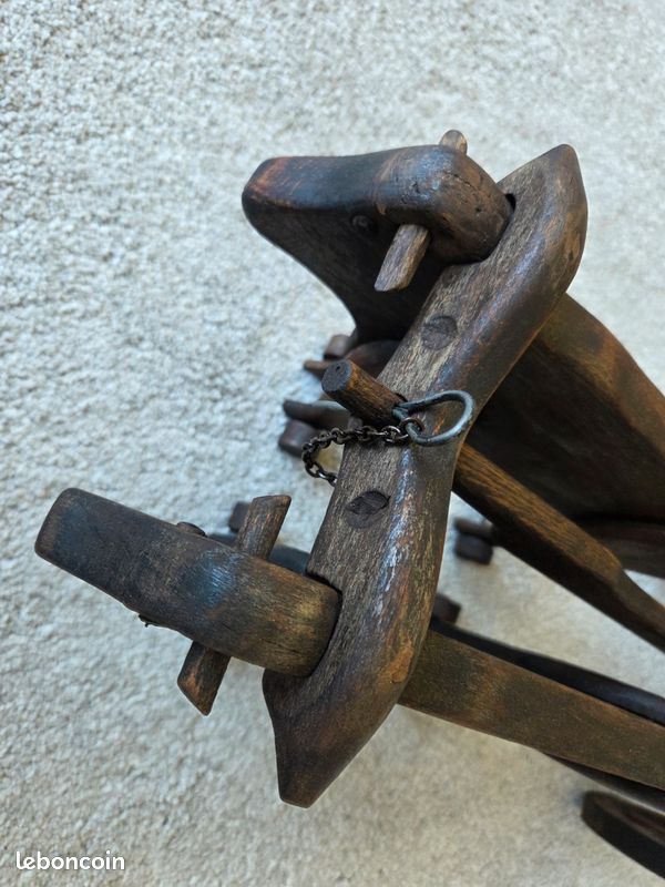 Jouet ancien bois: Attelage à barrique bœufs et joug années 50-French wooden toy