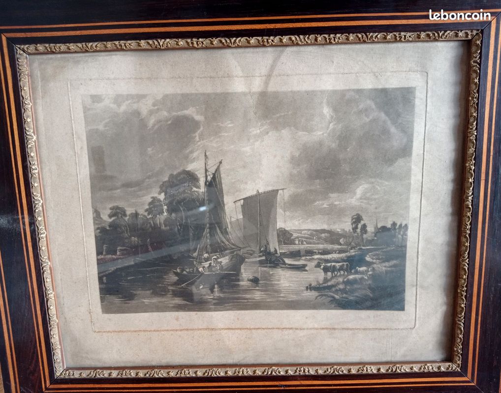 Gravure ancienne Marine encadrement avec marqueterie début XXème (image 6)