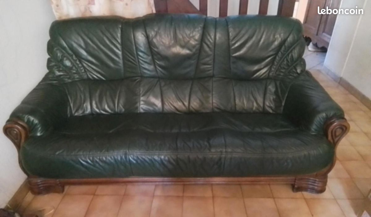 Superbe ensemble cuir vert canapé + 2 fauteuils (image 1)