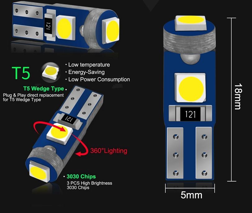 Ampoule Lumière LED T5 pour éclairage intérieur de voiture, W3W W1