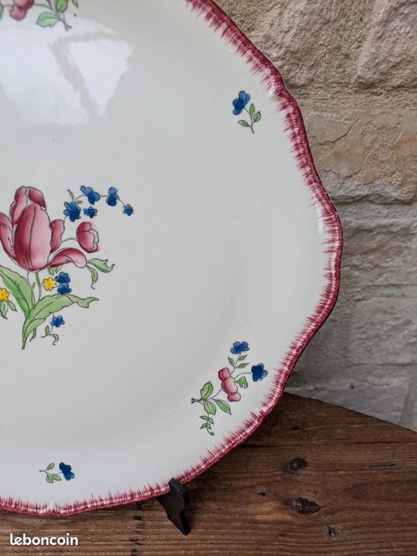 Plat à gâteaux Gien modèle Lorraine 30cm décor floral bordure bordeaux peint à la main (image 2)