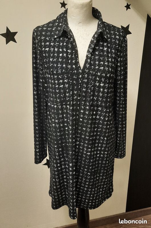 Robe noire imprimé tacheté pied-de-poule blanc, Mango, M